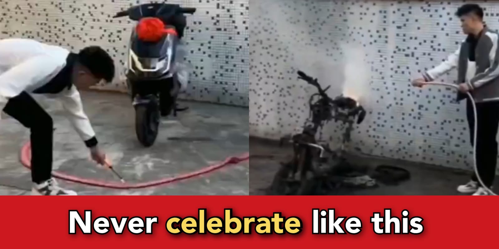 Man bursts crackers near his new bike to celebrate it, but the bike itself burnt down to ashes