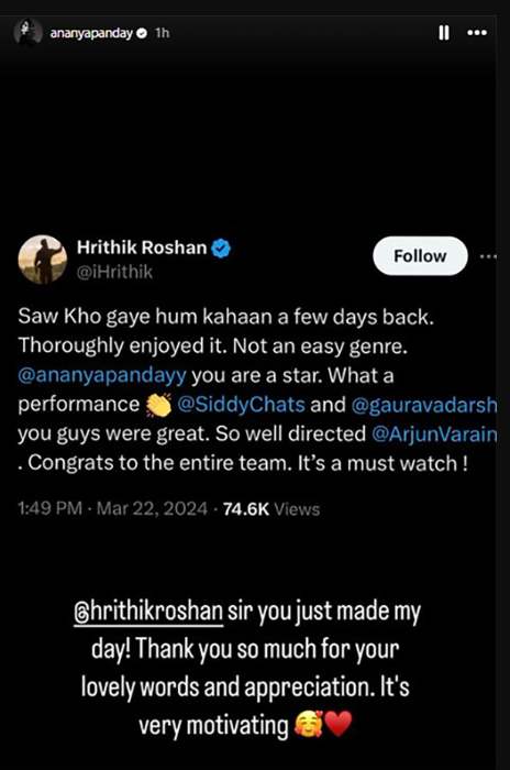 Ananya Panday receives appreciation tweet from Hrithik Roshan after Kho Gaye Hum Kahan performance