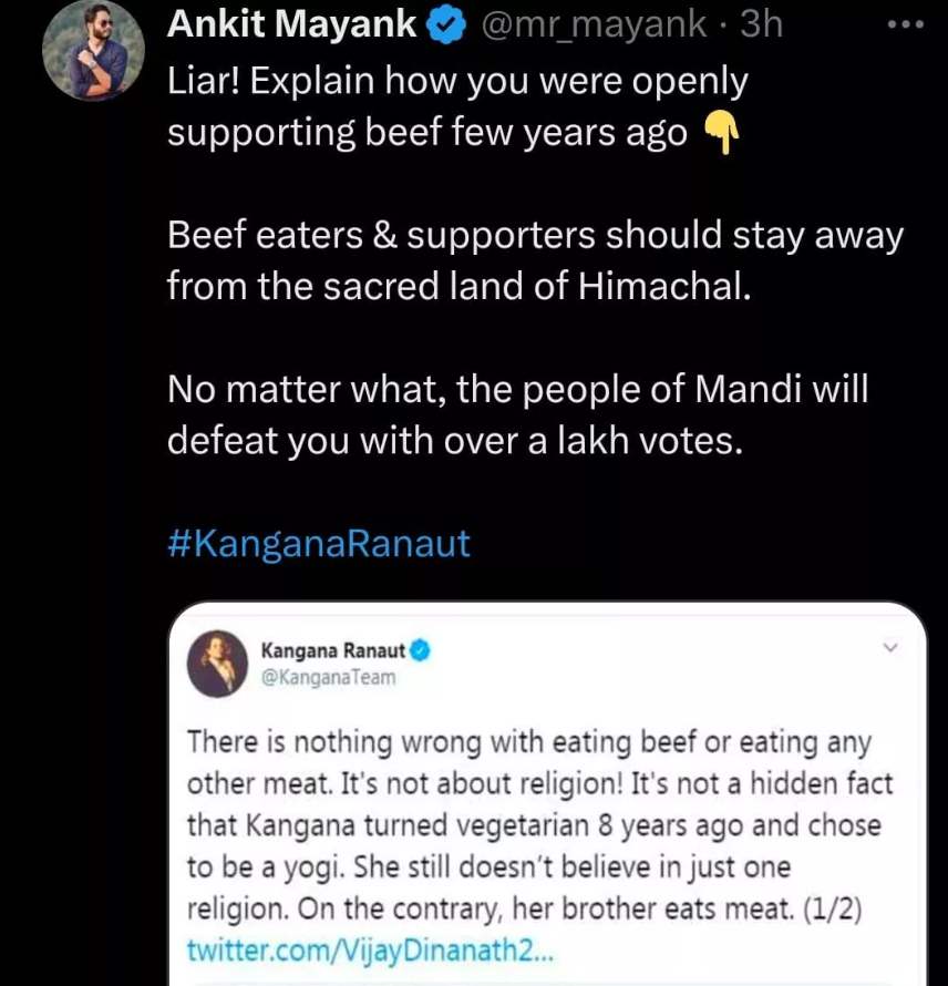 Kangana Ranaut denies that she eats Beef, Netizens dig out Her Past Tweets