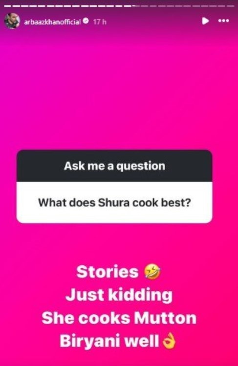 Insta user asks Arbaaz Khan, "What does Shura cook best?", the actor gives a priceless reply